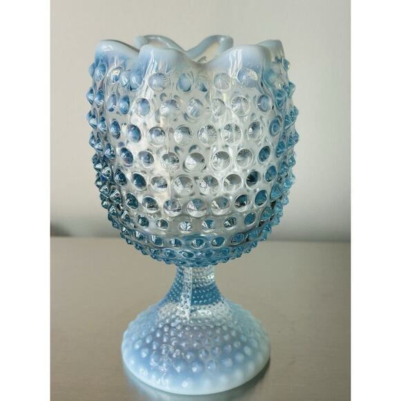 EUC Duncan Miller Blue Opalescent Glass Footed Hobnail Vase Ruffle Crimped - Picture 8 of 16